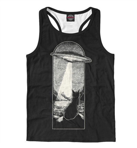 Мужская майка-борцовка с изображением Летающая тарелка и кошка цвета Белый