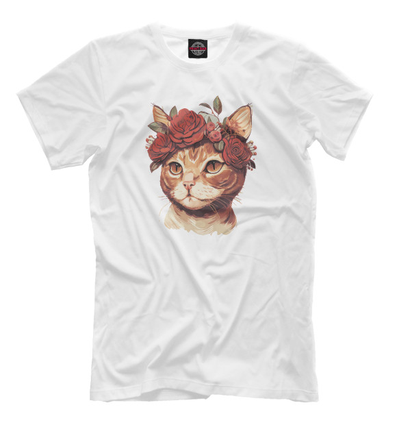 Мужская футболка с изображением Кошка с розами цвета Белый
