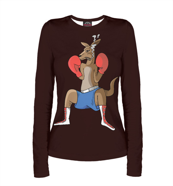 Женский лонгслив с притом Кенгуру-боксер цвета Белый Женский лонгслив с изображением Кенгуру-боксер цвета Белый