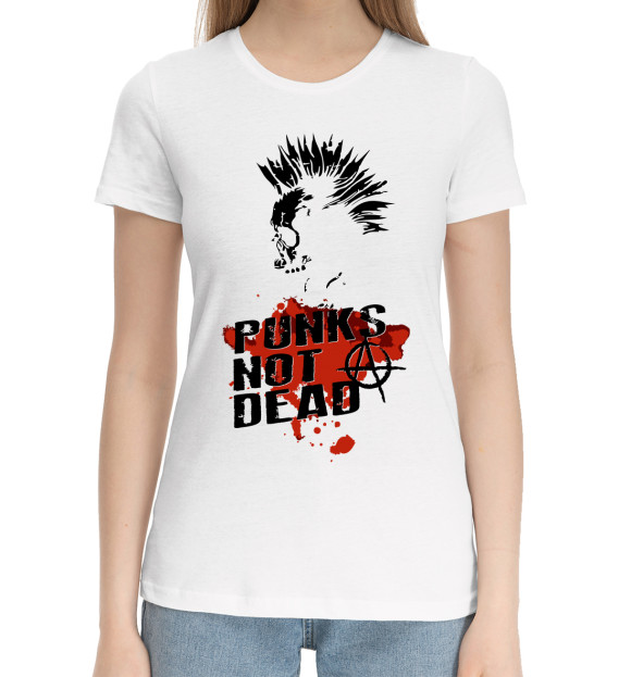 Женская хлопковая футболка с притом Punks not dead цвета Белый Женская хлопковая футболка с изображением Punks not dead цвета Белый