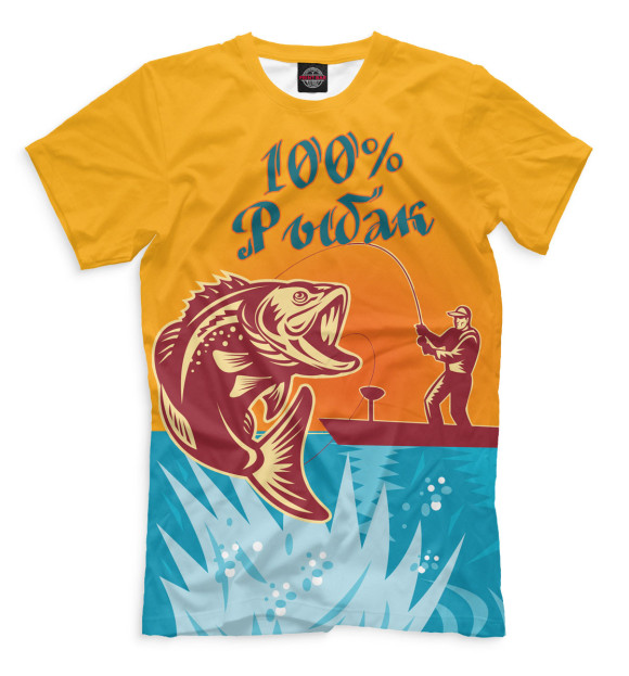 Мужская футболка с изображением 100% рыбак цвета Оранжевый