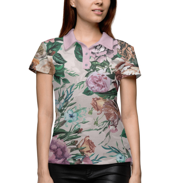 Женское поло с изображением Летний цветочный паттерн - розы цвета Белый