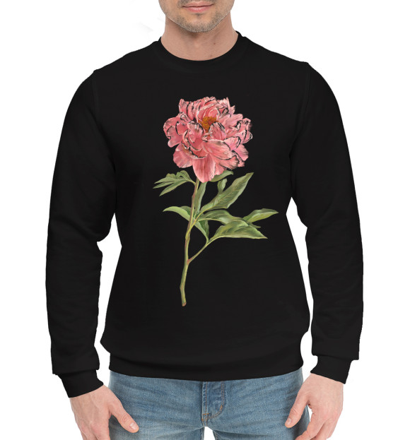 Мужской хлопковый свитшот с изображением Пион на персиковом фоне цвета Черный