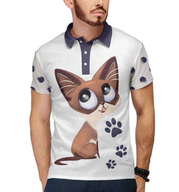 Мужское поло с притом Котик цвета Белый Мужское поло с изображением Котик цвета Белый