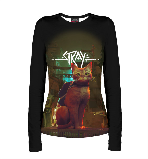 Женский лонгслив с притом Stray-Cat цвета Белый Женский лонгслив с изображением Stray-Cat цвета Белый