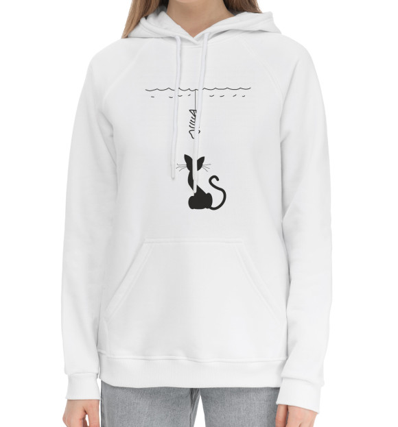 Женский хлопковый худи с притом Голодный котик цвета Белый Женский хлопковый худи с изображением Голодный котик цвета Белый