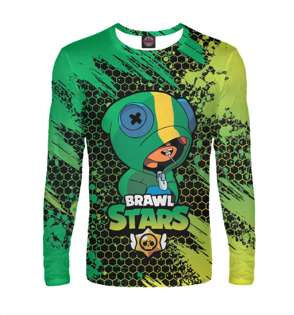 Мужской лонгслив с притом Brawl Stars Leon цвета Белый Мужской лонгслив с изображением Brawl Stars Leon цвета Белый