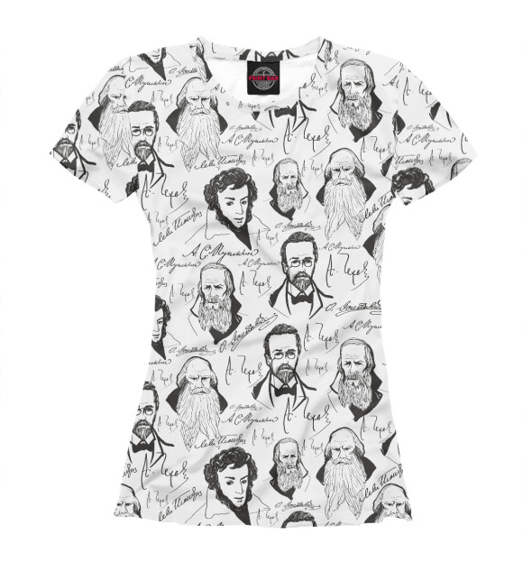 Женская футболка с изображением Великие писатели-классики цвета Белый