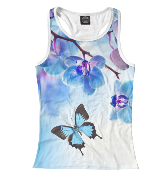 Женская майка-борцовка с изображением Цветы и бабочка цвета Белый