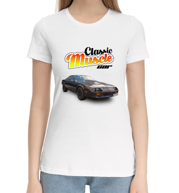 Женская хлопковая футболка с изображением Classic muscle car chevrolet camaro цвета Белый