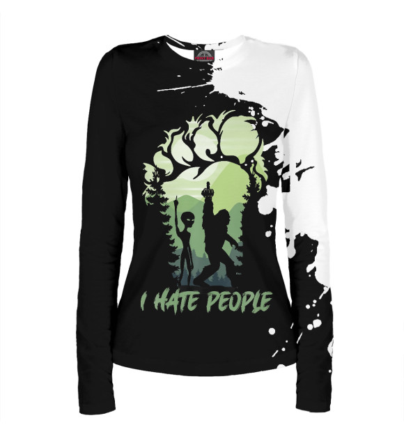 Женский лонгслив с притом I Hate People Bigfoot Sasqu цвета Белый Женский лонгслив с изображением I Hate People Bigfoot Sasqu цвета Белый