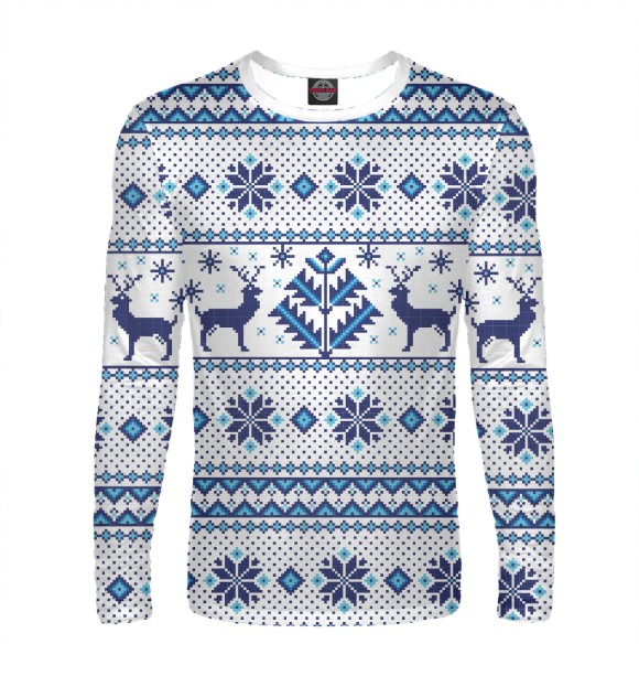 Мужской лонгслив с изображением Свитер С Оленями цвета Белый