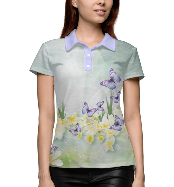 Женское поло с изображением Бабочки и нарциссы цвета Белый