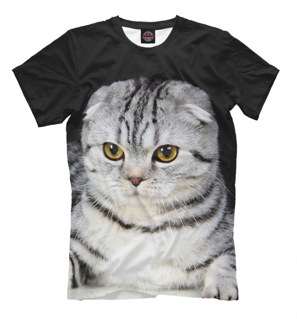 Мужская футболка с изображением Серый кот цвета Молочно-белый