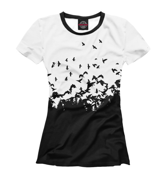 Женская футболка с изображением Лес, птицы цвета Белый