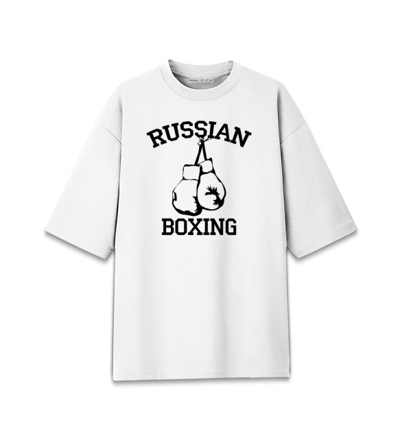 Женская футболка оверсайз с притом RUSSIAN BOXING цвета Белый Женская футболка оверсайз с изображением RUSSIAN BOXING цвета Белый