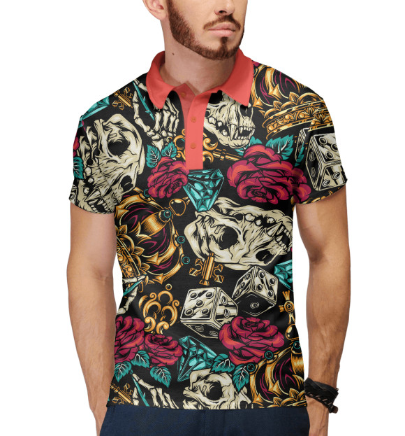 Мужское поло с изображением Skull&Rose цвета Белый