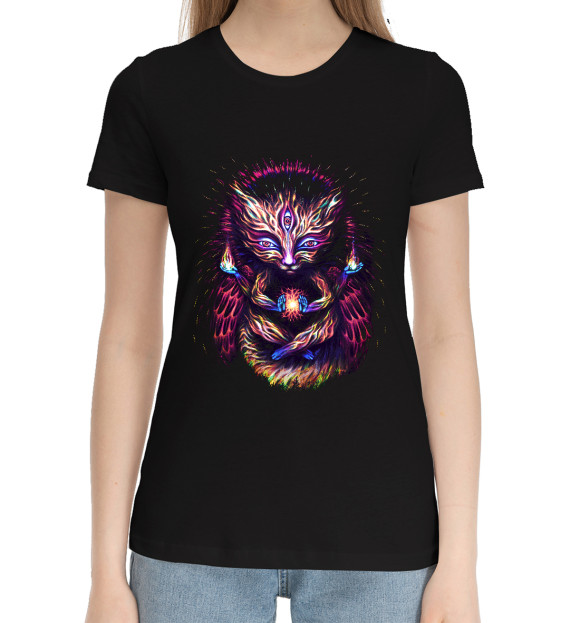 Женская хлопковая футболка с изображением Кот огня цвета Черный