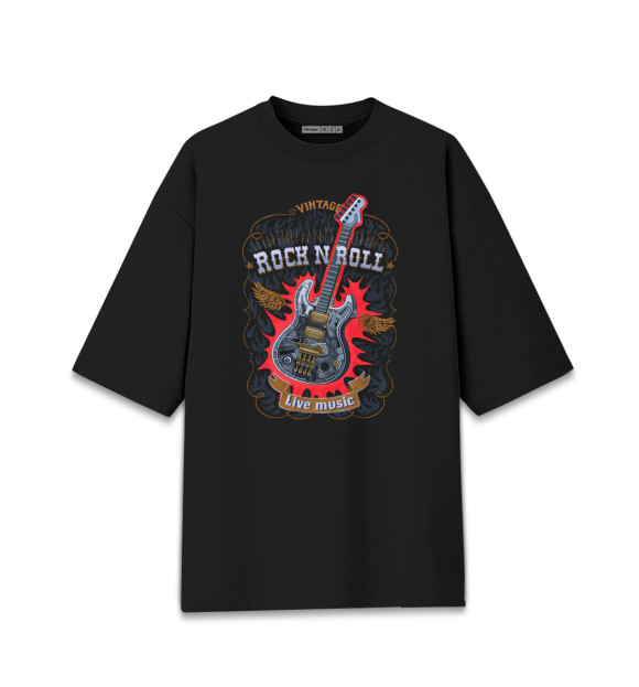 Женская футболка оверсайз с изображением Гитара стимпанк с надписью  rock n roll цвета Черный