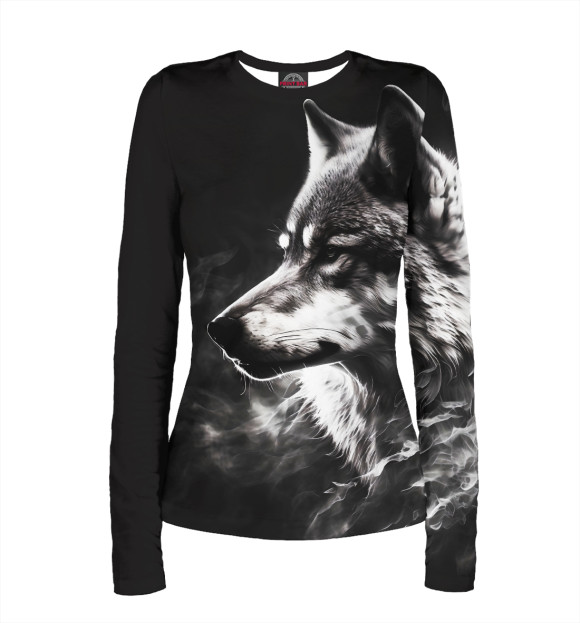 Женский лонгслив с изображением Волк в белом дыму цвета Белый