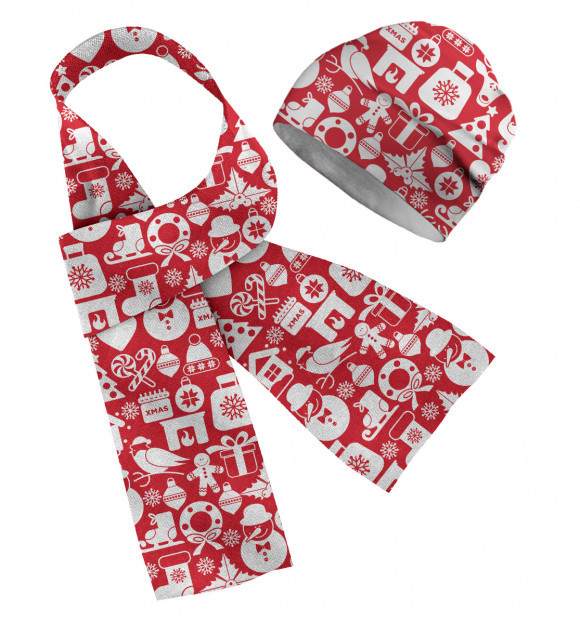 Шарф и шапка с притом Новый год цвета Белый Шарф и шапка с изображением Новый год цвета Белый