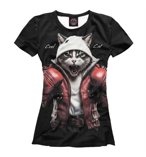 Женская футболка с изображением Cool fighting cat цвета Белый