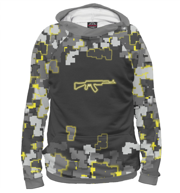 Мужское худи с изображением Автомат в пиксельном камуфляже цвета Белый