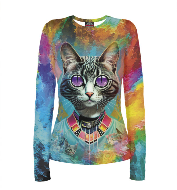 Женский лонгслив с притом Кошечка с фиолетовыми глазами цвета Белый Женский лонгслив с изображением Кошечка с фиолетовыми глазами цвета Белый
