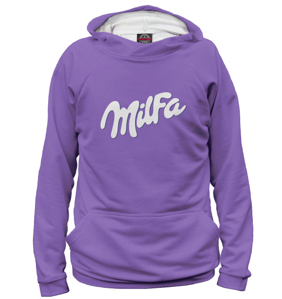 Женское худи с изображением Milfa на фиолетовом фоне цвета Белый