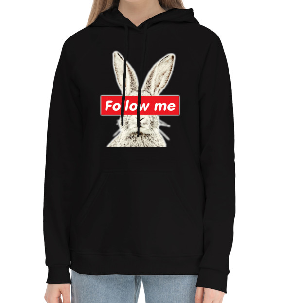 Женский хлопковый худи с изображением Кролик Follow me цвета Черный