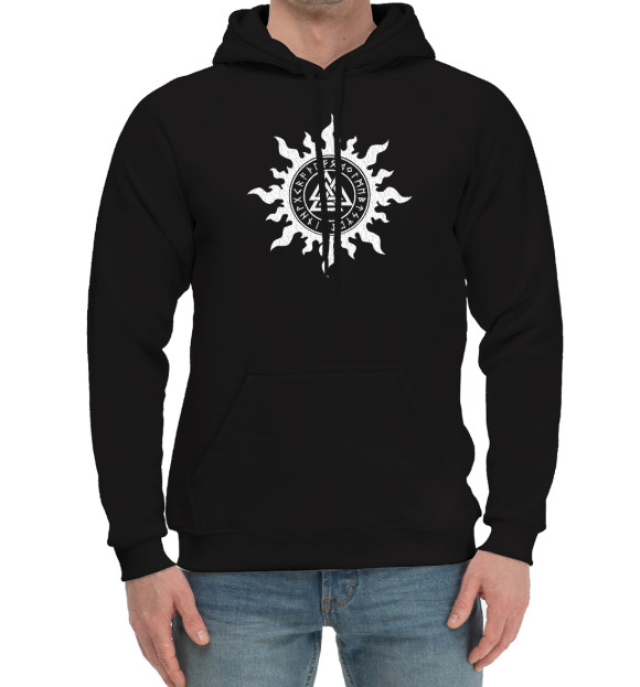 Мужской хлопковый худи с изображением Валькнут в лучах цвета Черный