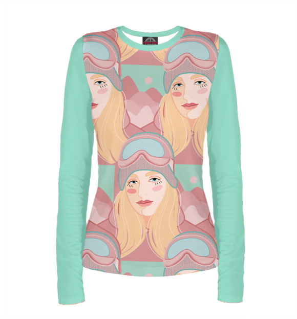 Женский лонгслив с изображением Девушка в лыжной экипировке цвета Белый