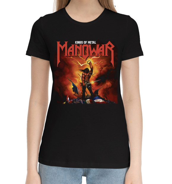 Женская хлопковая футболка с притом Manowar цвета Черный Женская хлопковая футболка с изображением Manowar цвета Черный