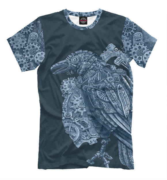 Мужская футболка с изображением Металлический ворон на темном фон цвета Белый