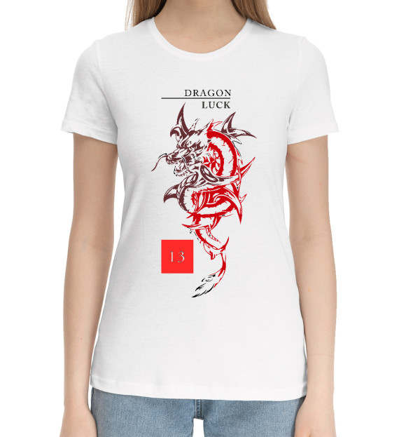 Женская хлопковая футболка с изображением Дракон удачи цвета Белый