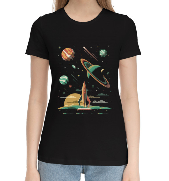 Женская хлопковая футболка с изображением Космос цвета Черный