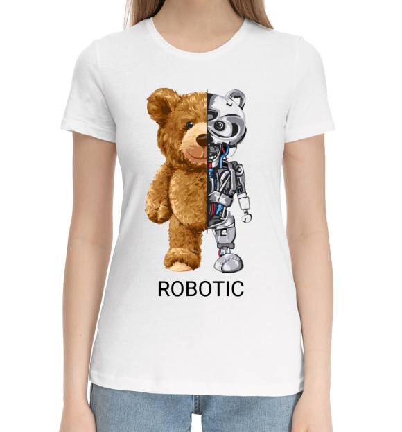 Женская хлопковая футболка с изображением Robot Bear цвета Белый