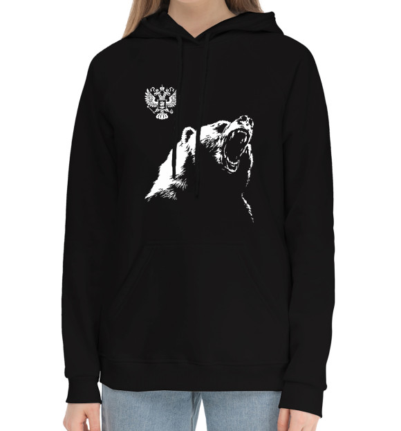Женский хлопковый худи с притом Русский медведь и герб цвета Черный Женский хлопковый худи с изображением Русский медведь и герб цвета Черный
