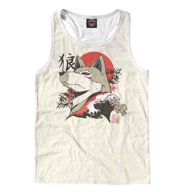 Мужская майка-борцовка с изображением Японский волк цвета Белый