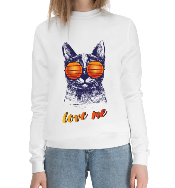 Женский хлопковый свитшот с изображением Cat Love me цвета Белый