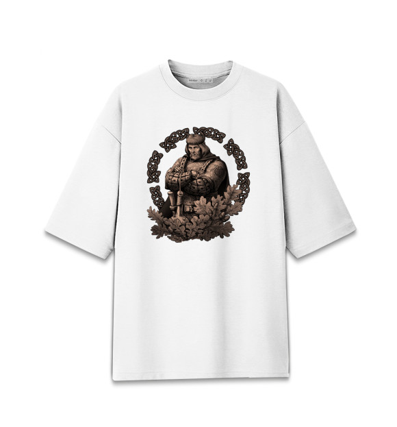 Женская футболка оверсайз с притом Славянский воин РОДа цвета Белый Женская футболка оверсайз с изображением Славянский воин РОДа цвета Белый