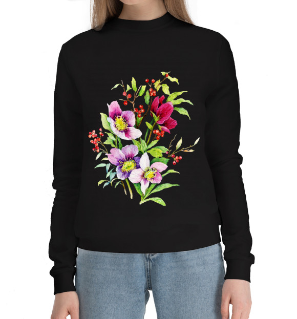 Женский хлопковый свитшот с изображением Букет цвета Черный