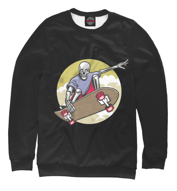 Мужской свитшот с изображением Скелет на скейте цвета Белый