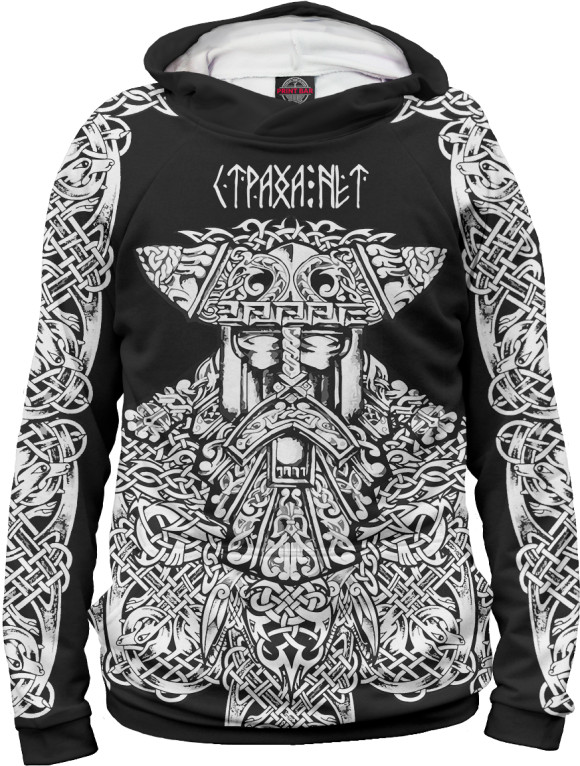 Женское худи с изображением Страха нет. Скандинавские символы на черном цвета Белый