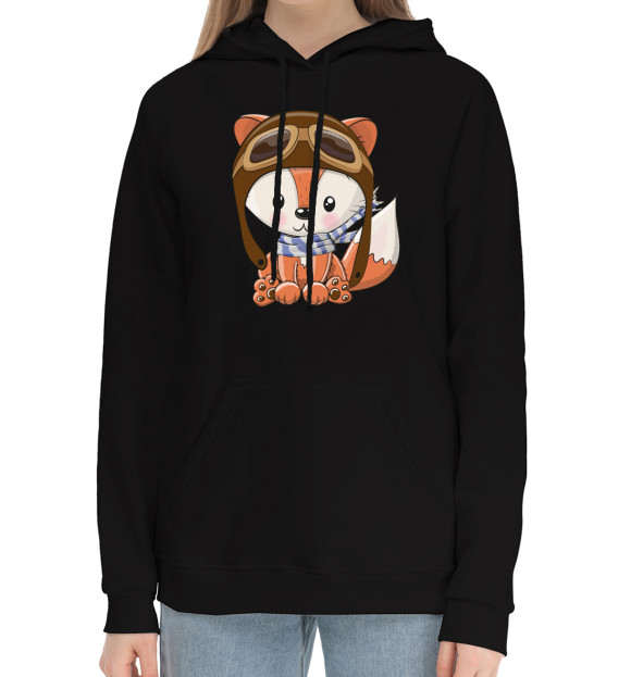 Женский хлопковый худи с притом Лисенок летчик цвета Черный Женский хлопковый худи с изображением Лисенок летчик цвета Черный