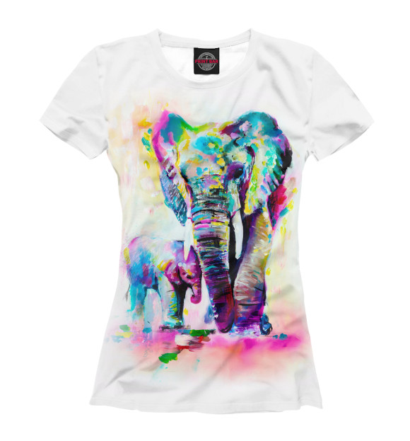 Женская футболка с изображением Слонёнок с мамой цвета Белый