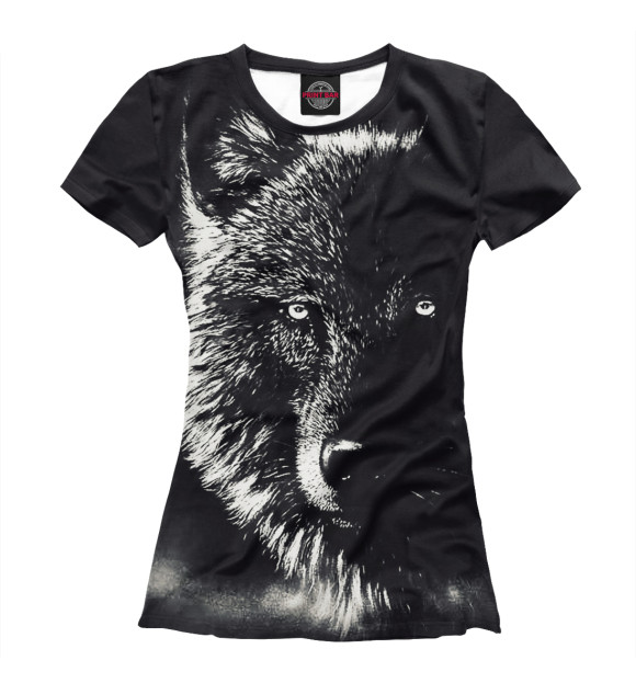 Женская футболка с изображением Черный Волк цвета Белый