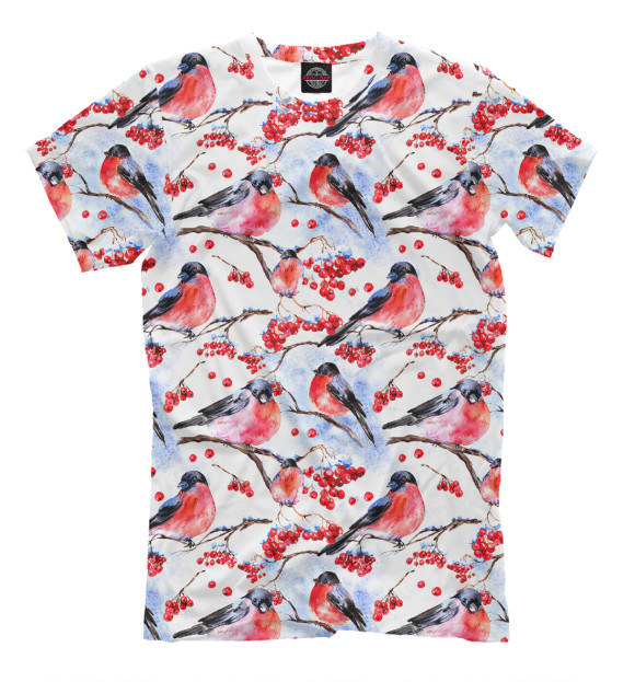 Мужская футболка с изображением Снегири на Ветке цвета Молочно-белый