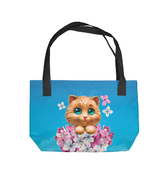 Пляжная сумка с изображением Котенок и сердечко из цветов цвета 