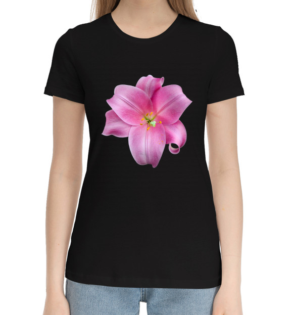 Женская хлопковая футболка с изображением Розовый цветок цвета Черный